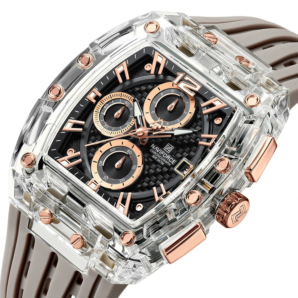 2025 New Design Transparent Tonneau Watch Men Quartz Man Watches Waterproof Luxury Sport Out Door Montre Homme