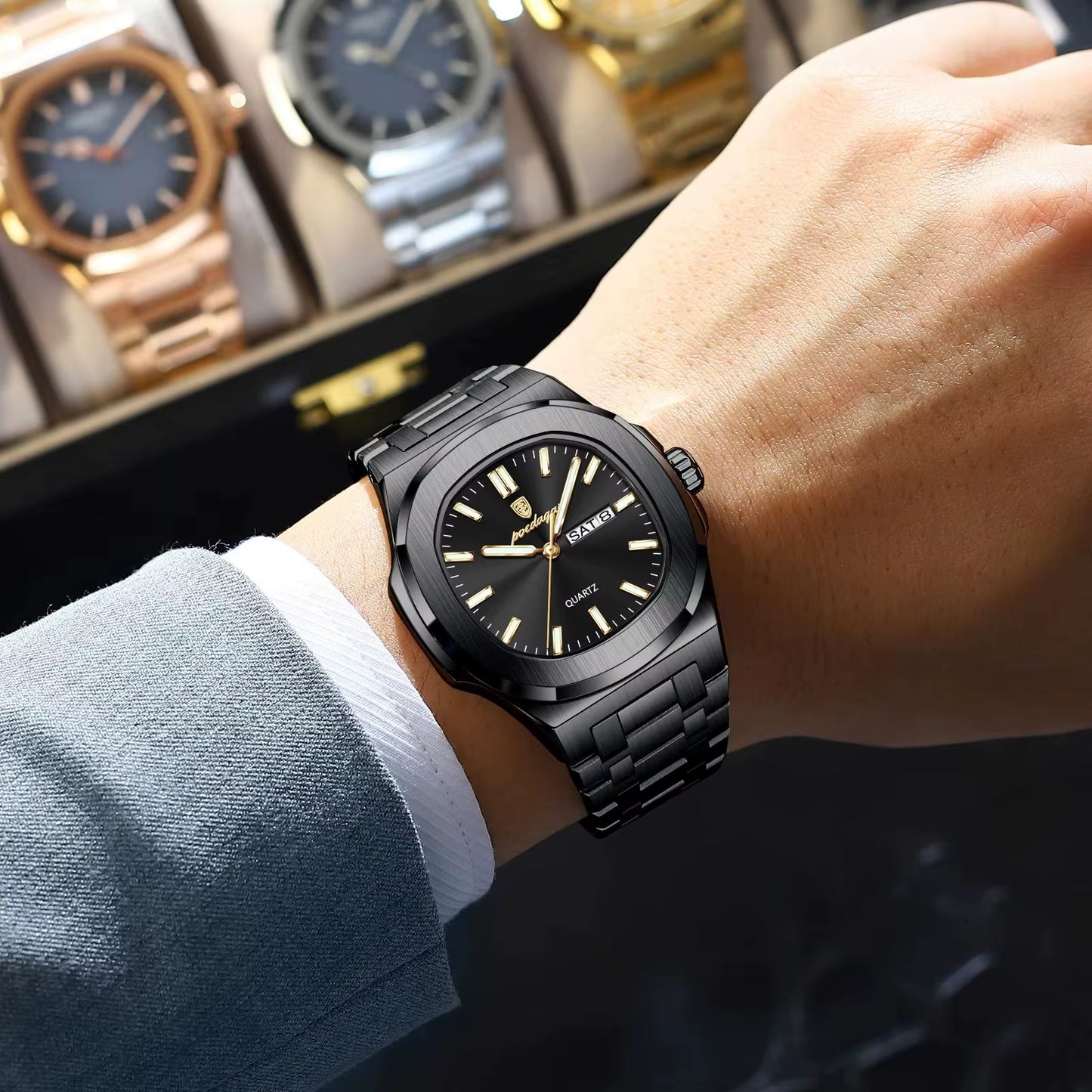 Luxury Square Men'S Watches Waterproof Luminous Date Week Men Watch Stainless Steel Fashion Quartz Man Wristwatch Reloj