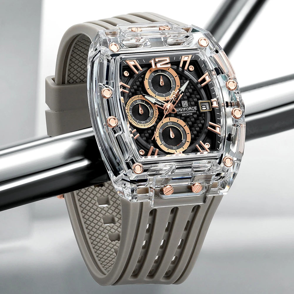 2025 New Design Transparent Tonneau Watch Men Quartz Man Watches Waterproof Luxury Sport Out Door Montre Homme